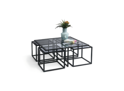 Couchtisch und 4 Beistelltische im Loft-Stil mit schwarzem Metallrahmen