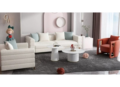 Wohnzimmer Set 2tlg Polstergarnitur Weiß Textil 3-Sitzer Sofa Luxus Sessel