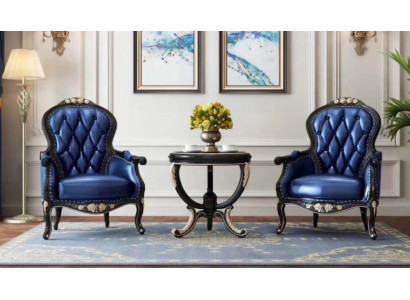 Wohnzimmer Set Blau Kunstleder 2x Sessel Holz Beistelltisch Design