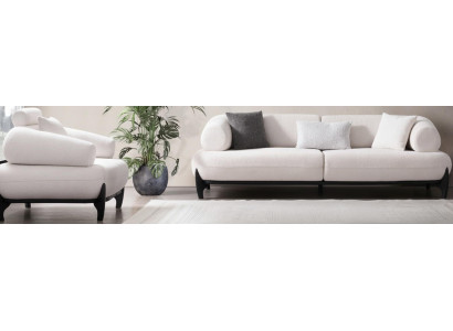 Weißes modernes Wohnzimmer-Set Stoff 3-Sitzer-Sofa weicher Sessel 2 tlg